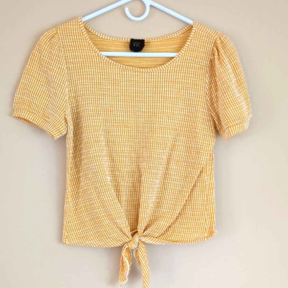W5 Yellow Gingham Tie-Front Short Sleeve Top